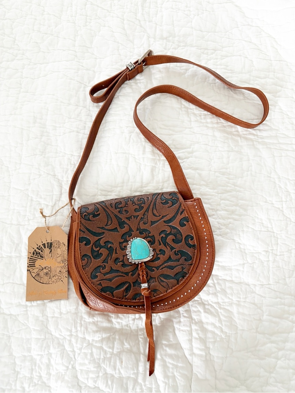 NEW ⭐️ Catchyfly Brown Leather Crossbody Bag w Turquoise Saddle Bag